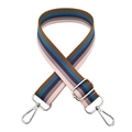 Detail of adjustable rainbow striped bag strap with shiny silver lobster metal clasps - Pink Purple Blue + Silver Buckle