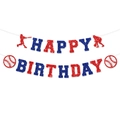Sparkling red and blue glitter Happy Birthday banner with baseball silhouette patterns - Happy Birthday Letter Banner (J-0123-1) / Red/Blue