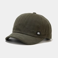 Close-up of military green short brim baseball cap with twill cotton texture and side tag - Adjustable / Army Green