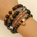 New Chinese style layered tiger eye stone bracelet with gold fortune charm for women - Tiger Eye and Obsidian Layered Bracelet Set