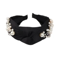 Black knotted pearl headband featuring assorted metallic beads on a wide fabric band - Black