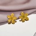 Elegant gold flower earrings with five-petal texture and reflection on silk surface - 1294-Gold Five-Petal Flower
