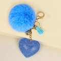 Blauer Schlüsselanhänger mit Herz aus Kristallen, Pelzbommel und Lederquaste - Blau