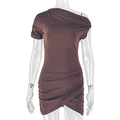 Detail of ruched texture and asymmetric hem on brown one-shoulder knit dress - S / Dark Brown