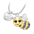 Silver bee necklace featuring yellow crystals and a heart pendant with inspirational text - Bee