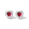 Elegant silver heart earrings with red ruby gemstone and clear crystal halo setting - Silver Heart Red Stone Style (PDE1056)