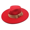 Detailed view of the red wool felt fedora featuring a silk band and gold bee buckle - Red