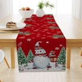 Red Christmas table runner with gnomes and snowflakes on a rustic wooden dining table - Red Christmas Gnomes Birds (ZQ26-28)
