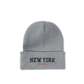 Close-up of grey knit beanie featuring black New York embroidery and detailed texture - M (56-58cm) / Light Gray