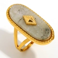 Anillo abierto vintage bañado en oro de 18K con piedra ovalada gris y borde de cuentas - Anillo abierto de piedra moteada ovalada / Dorado