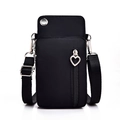 Black nylon crossbody mobile phone bag with heart zipper and adjustable strap - Large size with earphone hole / Black