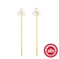 Elegant S925 sterling silver long tassel pearl drop earrings in a gold finish - Three-Pearl Tassel Ear Line (60239398000) / Gold