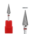 Macro detail of silver alloy nail drill bit with red ring and square protective base - Red Ring Bullet Drill Bit (OMWGY09)