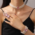 Parure de bijoux 3 pièces avec perles multicouches et cristaux roses rectangulaires - Ensemble Perles Artificielles Pierre Rose Carrée (4953)