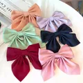 Set of six large solid color satin bow hair clips in pink purple and navy blue - Pink