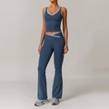 Two-piece yoga set in deep grey-blue with contrast white edges and crossover high waist - S / Top And Bottom / Badge Blue (Top+Flared Pants)