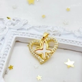 Golden heart pendant with sparkling zircons and a white butterfly inlay on a white frame - Butterfly Heart / Gold