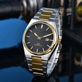 Men's two-tone stainless steel quartz watch with black waffle dial and date display - 20-Silver Case Black Dial Gold Accents