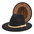 Detail of black wool fedora featuring leopard print underbrim and leather buckle band - M(56-58cm) / Black