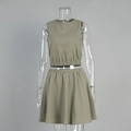 Détail d'ensemble en coton lin vert olive avec taille élastique plissée et texture - S / Kaki