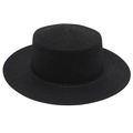 Close-up of the dense horizontal weaving and flat brim of this black straw boater hat - Black