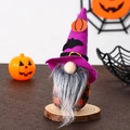 Detailed view of a Halloween gnome with a purple hat, orange pumpkin, and wooden base - Style B Purple Pointed Hat Bat Pumpkin Elements