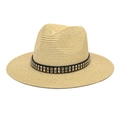 Detailed macro view of the woven straw fedora hat featuring double-row metallic stud trim - M (56-58cm) / Beige