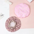Waterproof double-layer shower caps with daisy patterns in light pink and mauve colors - Sakura Pink Daisy