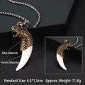 Vintage bronze tiger head pendant necklace with white acrylic wolf tooth and steel chain - Wolf Tooth No.30 + 70cm Steel Chain