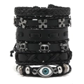 Set di 6 bracciali in pelle intrecciata nera da uomo con teschio punk e occhio del male - Nero