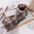 Detail of wool scarf with camel plaid pattern and fringe on a white tray - 180cm / Camel Plaid