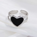 Adjustable silver stainless steel double row ring with a black enamel heart center - Adjustable Open / Silver Black Large Heart (JR279-S7)