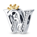 Detailed view of silver letter W charm with a gold crown and sparkling crystal inlays - Letter W