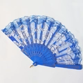 Blue lace folding fan with gold rose patterns and plastic ribs for dance or stage - Sapphire Blue