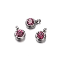 Three silver stainless steel earring components with round pink zircon gemstones charms - 10 Pieces per Pack / Steel Border Rose Red Stone