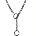 Detailed macro view of gunmetal punk-style heart chain necklace with Y-shape double ring design - Black Circle / 60CM