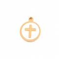 Golden round pendant with white shell inlay and a gold cross symbol on white background - Cross