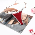 Red ribbed cotton thong for women with contrast stripes on a gold hanger and pink rose - S (30) / Red