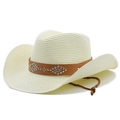 Detail of white western straw hat with studded leather band and adjustable chin strap - M (56-58cm) / Creamy White