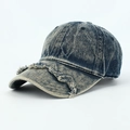 Washed vintage denim baseball cap in dark indigo blue with distressed frayed brim - Adjustable / Navy Blue