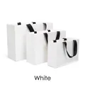 Set of three white paper gift bags in various sizes with durable black ribbon handles - White