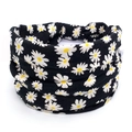 Elastic wide headband with white daisy pattern on a black knit fabric background - 49-Black Daisy