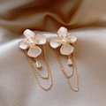 Elegant gold flower tassel earrings with white petals, pearls, and zircon droplets - 71# Silver Earring Post - Gold White Enamel Petal Tassel Drop Zircon