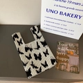 Knitted wrist bag with butterfly pattern and grey vertical stripes design - White Grey Butterfly