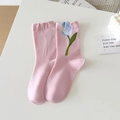Pink mid-calf cotton socks with a blue tulip floral pattern and minimalist style - One Size / Pink