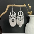 Silver bohemian flower earrings with intricate feather tassels and hollow metal rings - Bohemian Hollow Ring Feather Tassel Style (E6090-15)