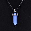 Blue hexagonal quartz point crystal pendant necklace with black cord and silver clasp - Synthetic Blue Jade