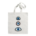 White canvas tote bag featuring triple Turkish Evil Eye prints with blue and pink details - Triple Eyes B
