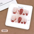 Unghie finte fatte a mano rosso vino e bianche con fiocchi e perle eleganti - XS / Stile Fiocco Francese Rosso Vino (SD033)
