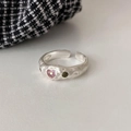 Vintage silver lava ring with heart pink and green zircon in adjustable open design - Seven-color Zircon Ring Style 11